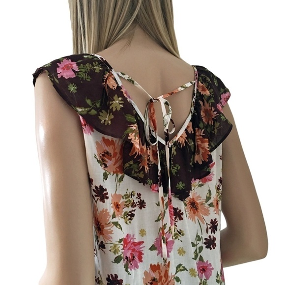 Nordstrom DR2 Rayon Top Shirt Blouse Ruffles Fluttery Floral Keyhole Tie Bow - Picture 8 of 12